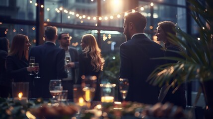 

Blurred shot of business people at party in office center, standing and talking, backs turned, with food and champagne glasses on the table, creating a professional and elegant atmosphere