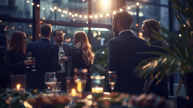 

Blurred shot of business people at party in office center, standing and talking, backs turned, with food and champagne glasses on the table, creating a professional and elegant atmosphere