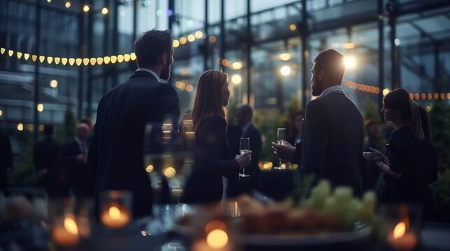 

Blurred shot of business people at party in office center, standing and talking, backs turned, with food and champagne glasses on the table, creating a professional and elegant atmosphere