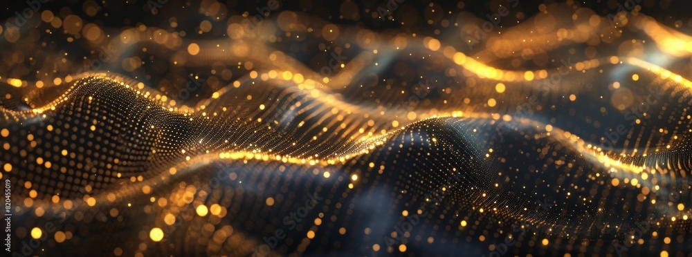 Poster abstract digital background with golden and silver dots in the shape of waves on black