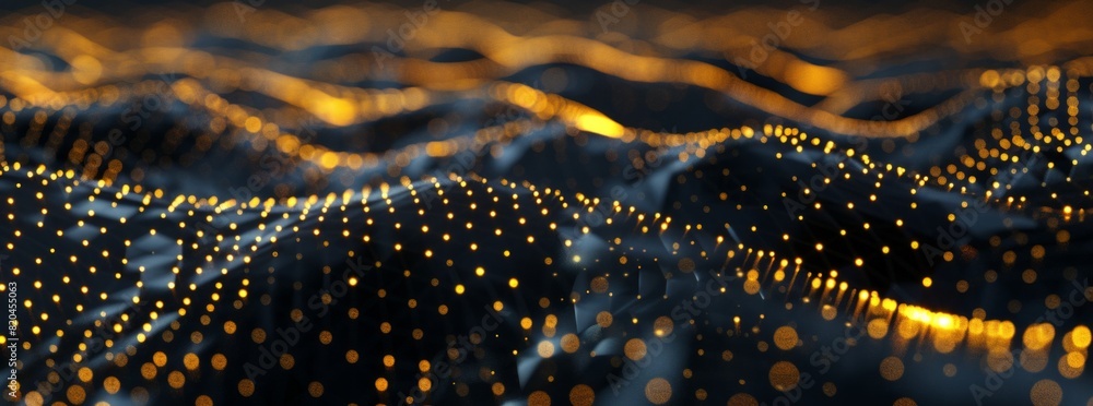 Poster abstract digital background with golden and silver dots in the shape of waves on black