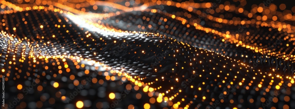 Poster abstract digital background with golden and silver dots in the shape of waves on black