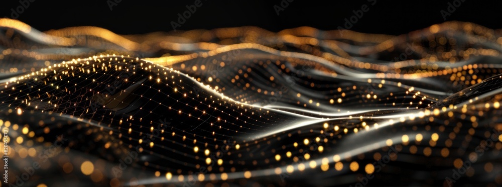 Poster abstract digital background with golden and silver dots in the shape of waves on black