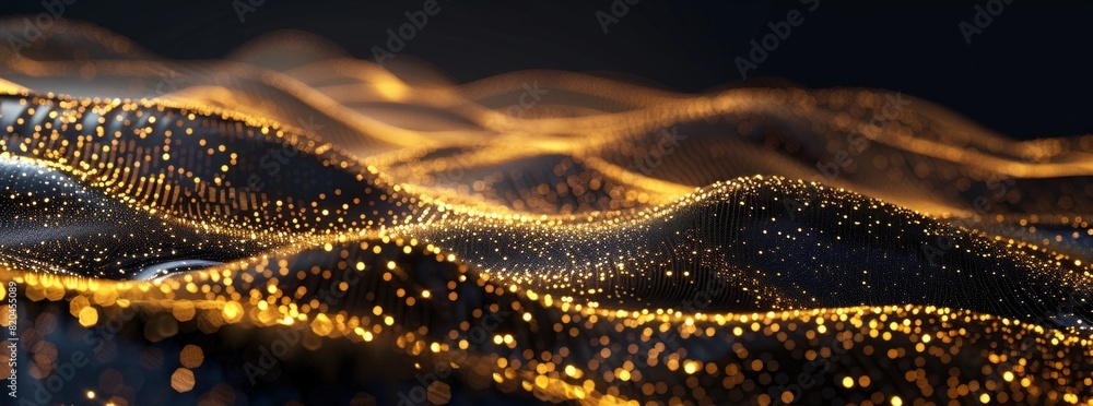 Poster abstract digital background with golden and silver dots in the shape of waves on black