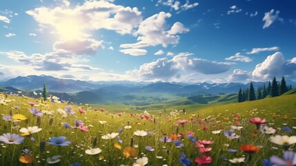Beautiful meadow field full of flowers of different colors in full bloom. Generative AI
