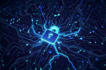 A sketch illustration of a glowing neon blue padlock at the center of an intricate