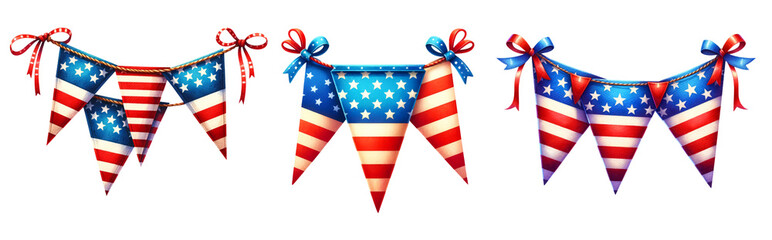 Obraz premium Party triangle bunting with American flag design in 3D watercolor style, Design for Fourth of July, Clipart isolated on Transparent Background. 