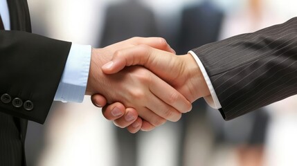 Close-up of two businesspeople shaking hands, signifying agreement, partnership, or successful deal in a professional setting.