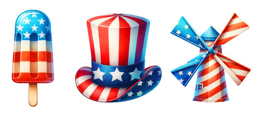 Obraz premium Popsicle and Uncle sam hat and windmill with American flag design in 3D watercolor style, Design for Fourth of July, Clipart isolated on Transparent Background. 