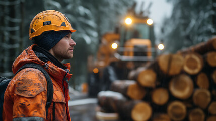 Lumberjack in orange gear stands near logs with heavy machinery in snowfall, representing forest work, logging industry, and winter conditions. - Powered by Adobe
