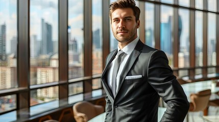 Fototapeta premium Confident businessman in a suit standing in a modern office with city skyline through the glass windows in the background.