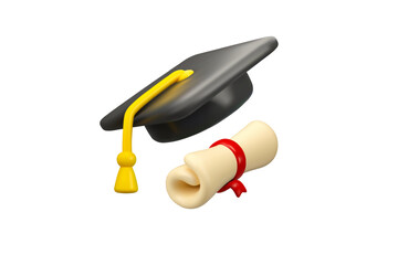 High school learning vector 3d icon. Graduate hat with diploma scroll and opened book, higher education promotion concept. Study online, academic degree symbol