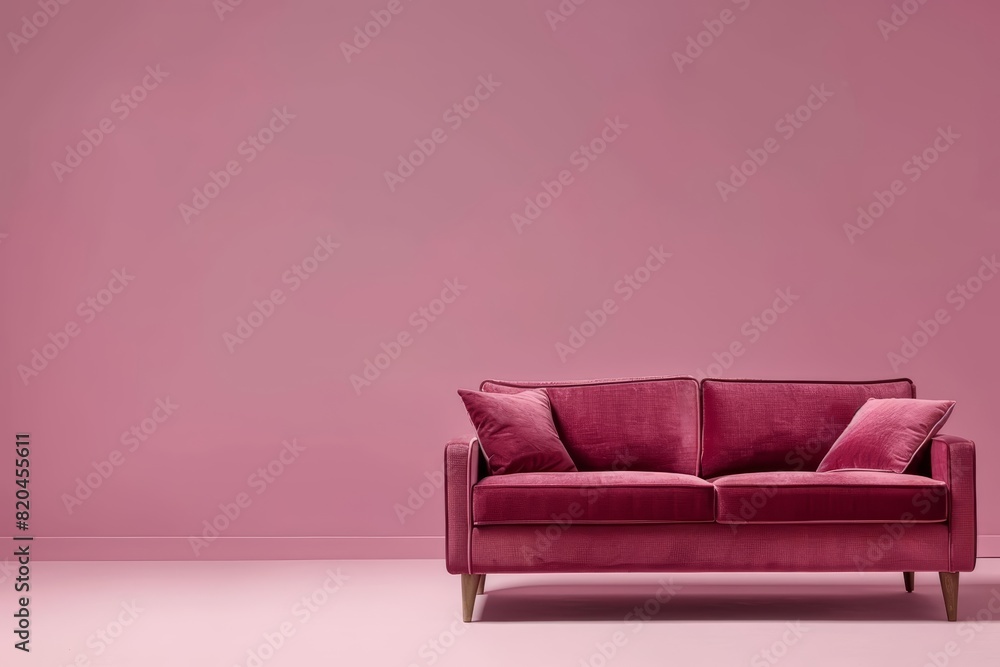 Poster a stylish sofa on a solid color backdrop with ample copy space