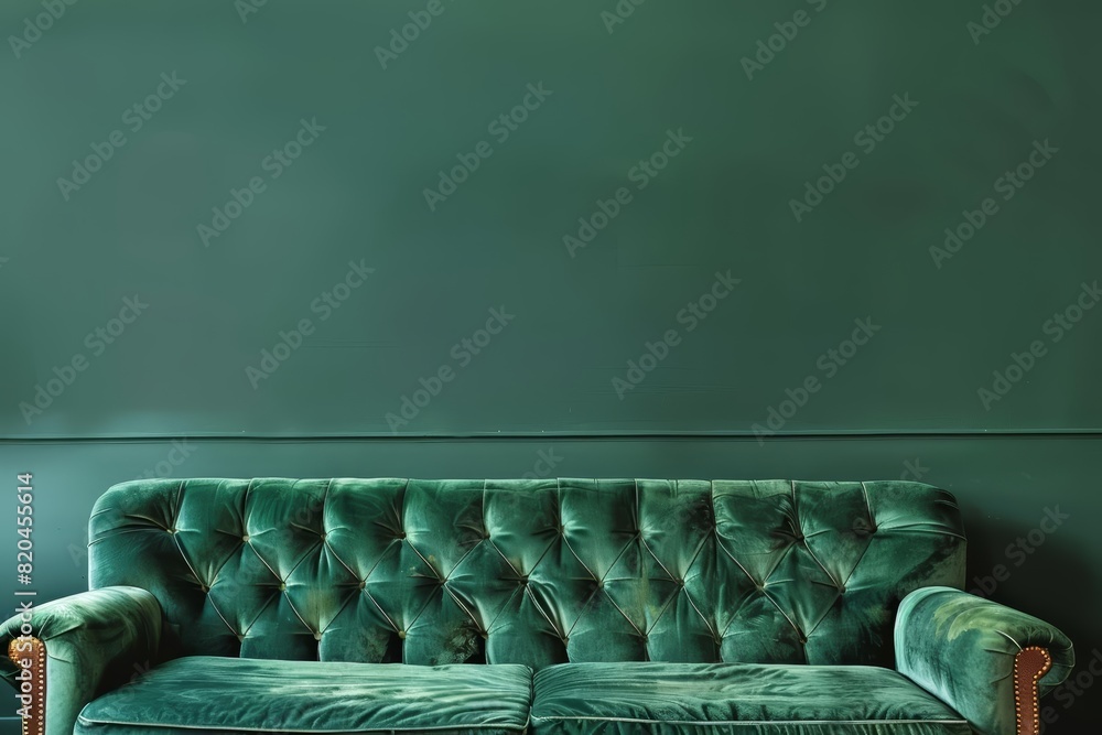 Poster a stylish sofa on a solid color backdrop with ample copy space