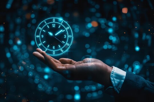 A top view of a business desk with a professional holding a holographic clock above their open hand The clock glows with a bright blue light