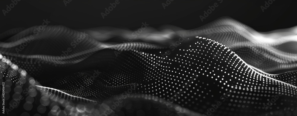 Poster 3d render of an abstract black background with digital waves and dots forming a complex structure