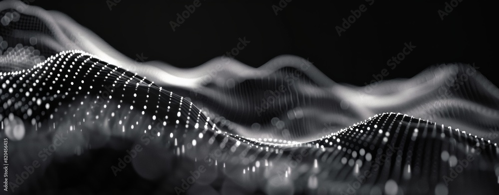 Poster 3d render of an abstract black background with digital waves and dots forming a complex structure