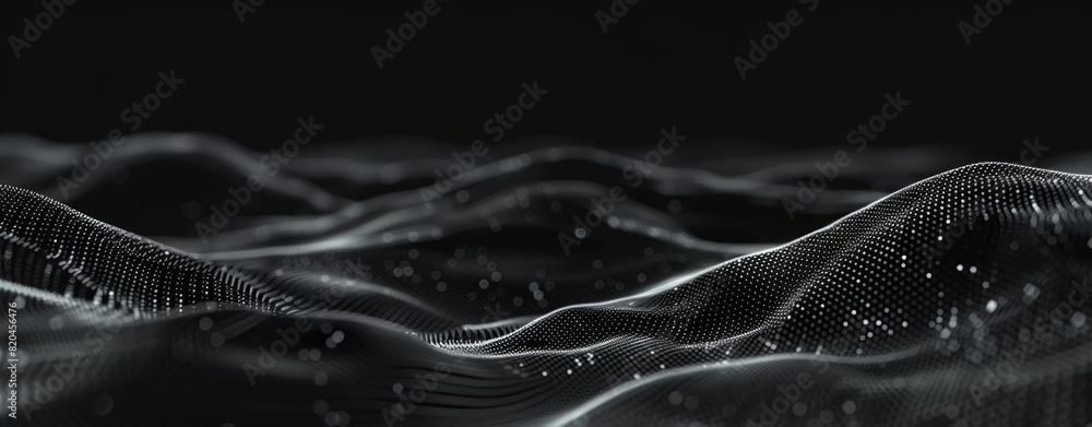 Poster 3d render of an abstract black background with digital waves and dots forming a complex structure