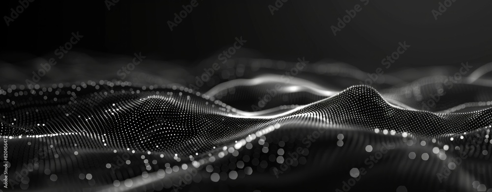 Poster 3d render of an abstract black background with digital waves and dots forming a complex structure