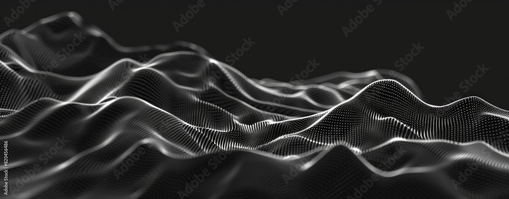 Poster 3d render of an abstract black background with digital waves and dots forming a complex structure