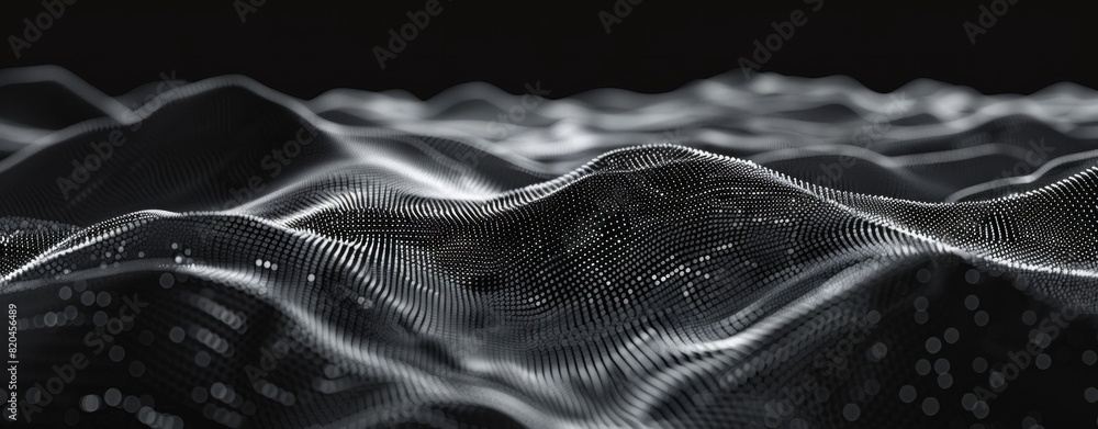 Poster 3d render of an abstract black background with digital waves and dots forming a complex structure