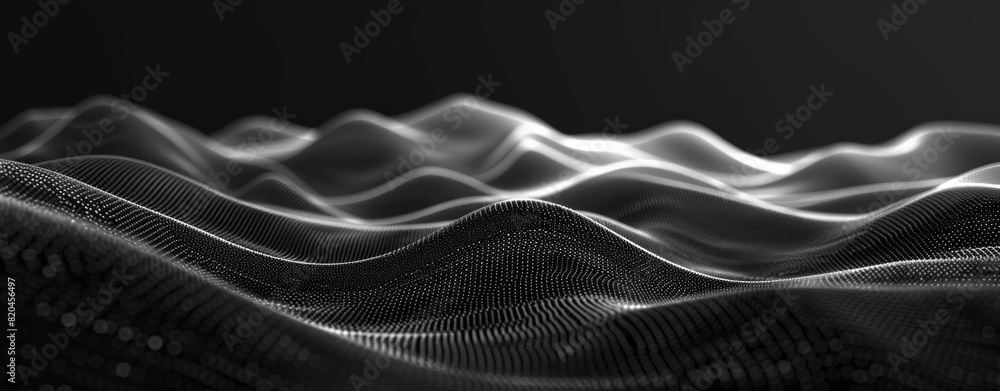 Poster 3d render of an abstract black background with digital waves and dots forming a complex structure