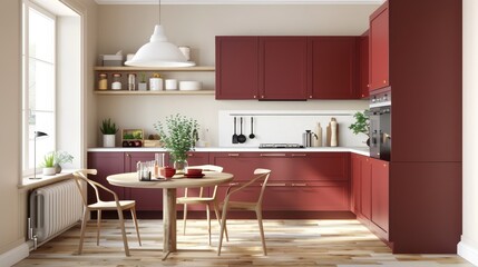 Fototapeta premium Contemporary Kitchen with Rich Burgundy Cabinets and Spacious Layout, Ideal for Modern Cooking Enthusiasts