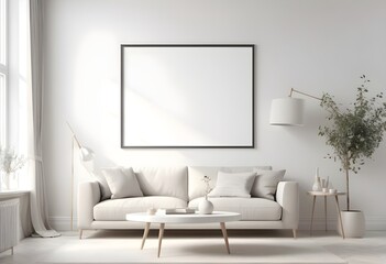 Frame Mockup ISO A paper size frame with a living room wall poster in a modern, white-walled interior design. Photorealistic 3D rendering