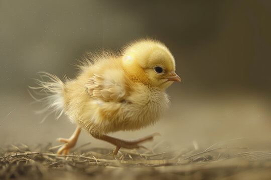 A baby chick is running on the ground