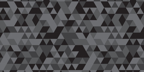 	
Abstract geometric black and gray background seamless mosaic and low polygon triangle texture wallpaper. Triangle shape retro wall grid pattern geometric ornament tile vector square element.