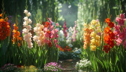 Gladiolus Garden Delight, Highlight a well-tended garden filled with gladiolus blooms in full splendor