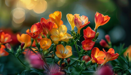 Freesia Garden in Full Bloom, Colorful Splendor of Spring,  lush abundance of Freesia blooms in a garden setting during springtime, showcasing the beauty of the season