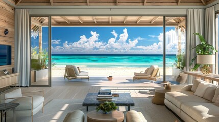 Fototapeta premium Luxury living room with expansive ocean view, contemporary furniture, minimalist interior, blue and white tones, ideal for luxury real estate advertisements