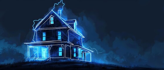 A watercolor clipart of a house with a softly glowing neon blue outline