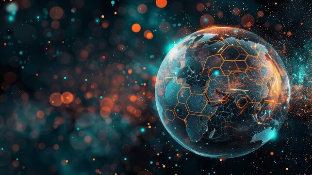 A watercolor clipart of a glowing globe with neon blue and orange data points