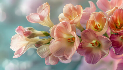 Fototapeta premium Close-Up of Fragrant Freesia Blooms in Pastel Hues,close-up shot showcasing the intricate details and soft hues of Freesia flowers, emphasizing their fragrance and elegance