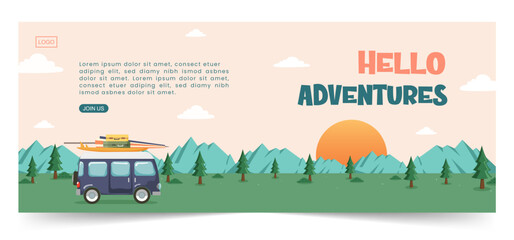 Campsite with van, tent, bonfire and outdoor picnic equipment, camper, nature, journey concept. Vector illustration for poster, banner, website.