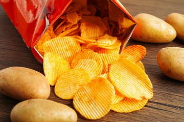 Potato chips fried snack fast food in open bag.