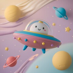 A charming 3D render illustration of a cute UFO floating in the vastness of space, with a pastel color palette of soft pinks, purples, and blues. Cartoon space element 3d illustration.