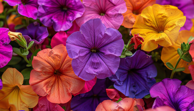 garden filled with various colored petunias could inspire images showcasing the diversity of petunia colors, from deep purples to bright pinks and fiery oranges