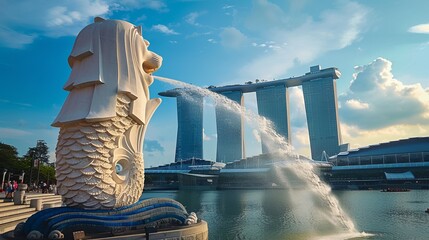 merlion statue cityscape singapore