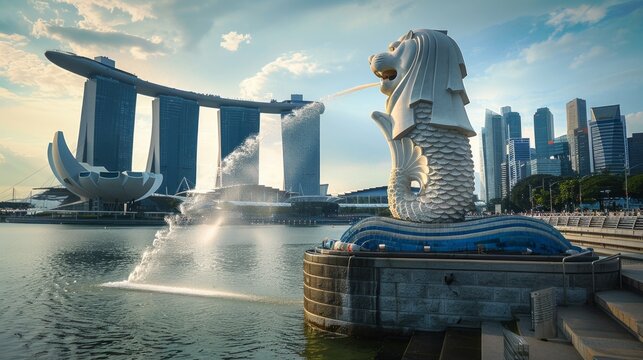 merlion statue cityscape singapore - Powered by Adobe