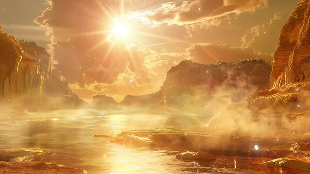 mystical sunrise over the sapphire oasis. seamless looping overlay 4k virtual video animation background