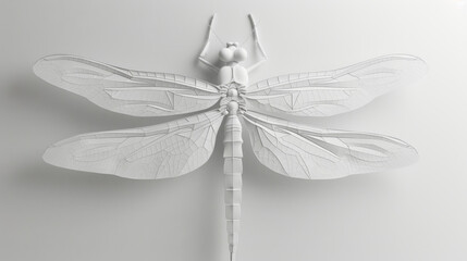 An intricately detailed model of a dragonfly, presented in white against a soft gray background, highlighting its delicate structure.