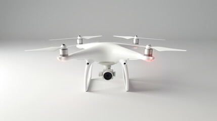 A high-tech white drone with a mounted camera, positioned on a soft gray background, illustrating advanced aerial photography technology.