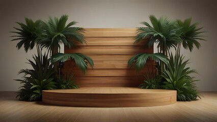Fototapeta premium A wood podium stage, surrounded by intricately detailed tropical palm leaves, each rendering with its own unique and interesting stylistic twist background