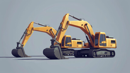 Artistic depiction of twin yellow excavators in a minimalist style, set against a neutral background.