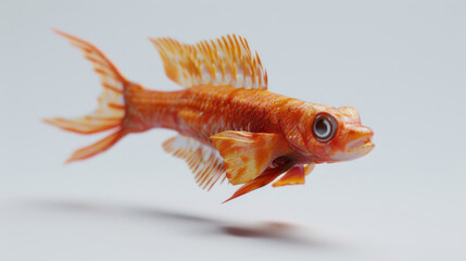 A bright orange goldfish captured in mid-swim, isolated against a stark white background.