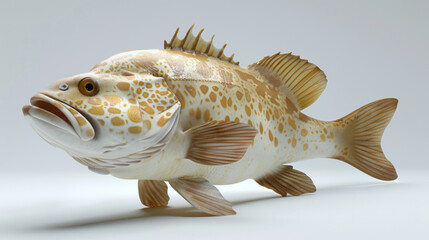 Realistic sculpture of a grouper fish, detailed and textured, against a light neutral background.