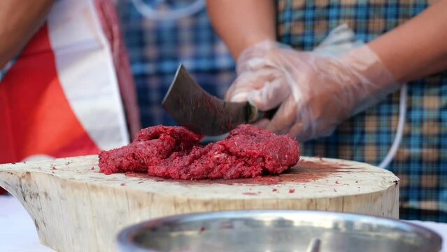 Spicy minced beef or Raw beef salad or Larb Thai food 